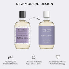 Deep Steep Bubble Bath Lavender Chamomile pour action signals a calming bath ritual.