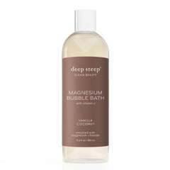 Deep Steep magnesium bubble bath bottle pouring foam for muscle relaxation.