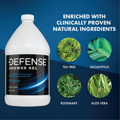 Defense Soap Body Wash with tea tree and eucalyptus oils for refreshing routine.