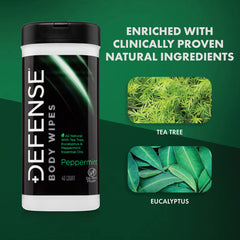 Defense Soap peppermint body wipes pack-open scene emphasizes on-the-go hygiene.