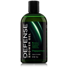 Defense Soap Peppermint Tea Tree Body Wash front label shows natural ingredients for refreshing cleanse.