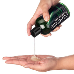 Defense Soap label close-up highlights natural ingredients and clean skin-friendly formula.