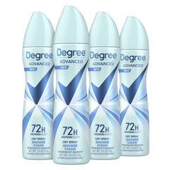 Degree Advanced Shower Clean dry spray application demonstrates instant dry feeling for busy mornings.