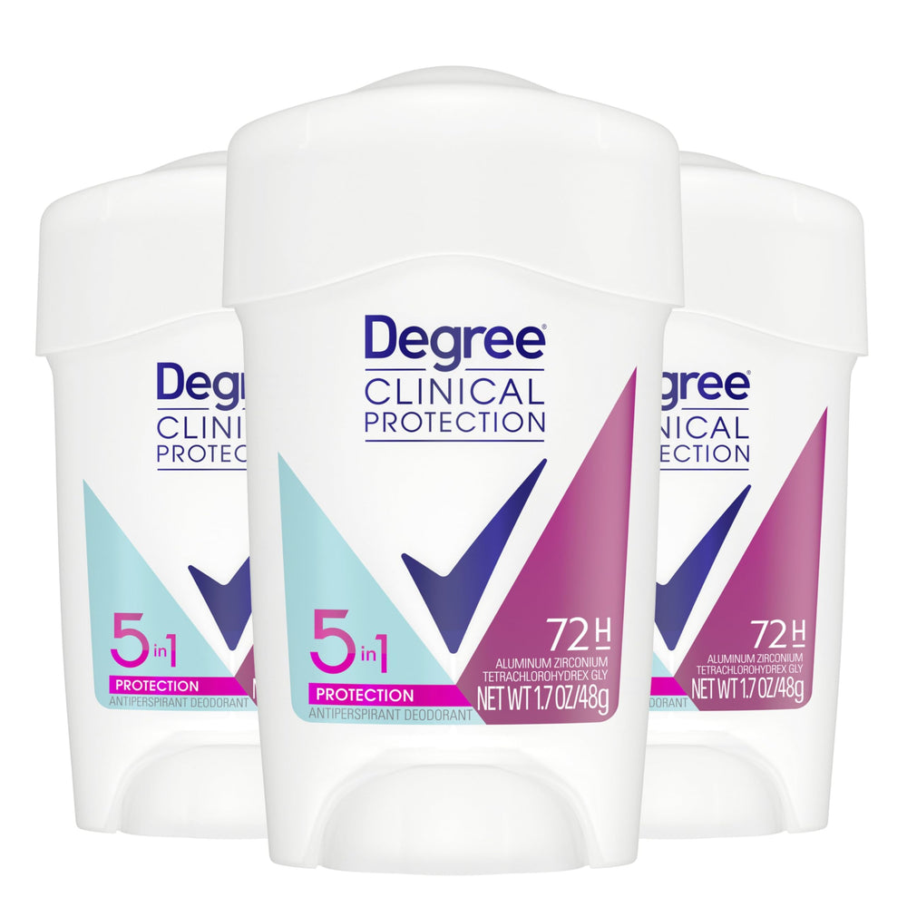 Degree Clinical Protection 5-in-1 stick closeup illustrates long-lasting wetness protection.