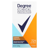 Degree Clinical Protection Summer Strength front bottle demonstrates all-day sweat control.
