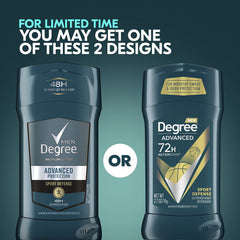 Degree Men 72-hour protection label highlights long-lasting sweat and odor defense.