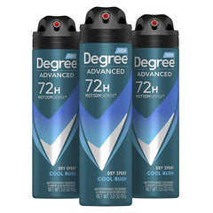 Degree Men Cool Rush dry spray front view shows quick-dry action for active days
