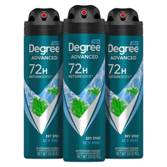 Degree Men icy mint dry spray can showing compact design for reliable all-day protection.
