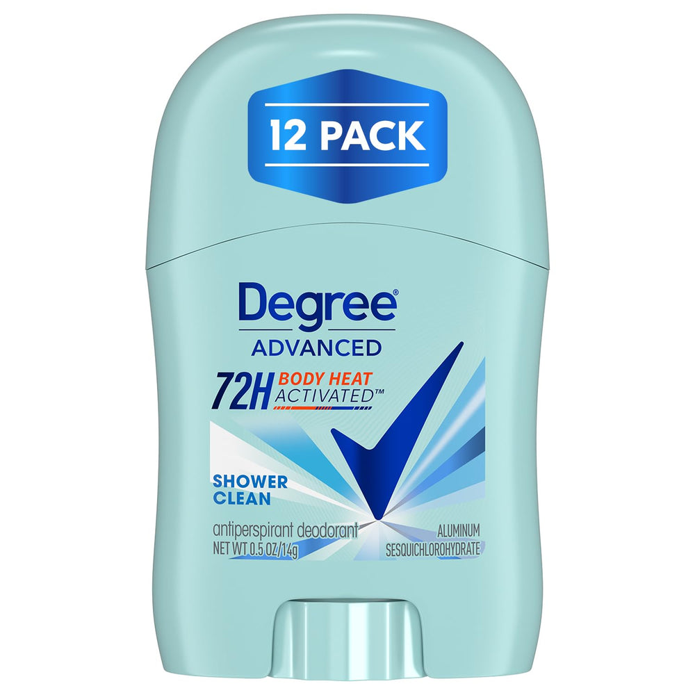 Degree Shower Clean 12-pack packaging shows travel-friendly sticks for on-the-go freshness.
