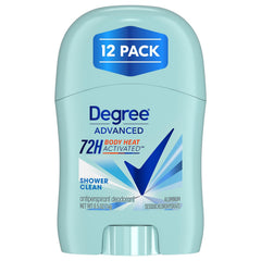 Degree Shower Clean 12-pack packaging shows travel-friendly sticks for on-the-go freshness.