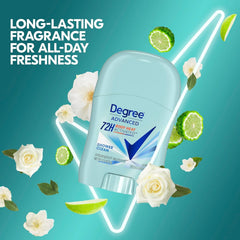 Degree Shower Clean deodorant stick close-up highlights rose and jasmine fragrance for daily freshness.