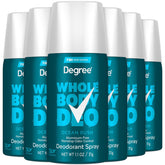Degree Whole Body Deodorant Spray Ocean Rush 6-pack front view for on-the-go freshness.