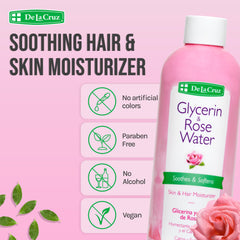 De La Cruz Rose Water Glycerin application highlights humectant hydration for skin.