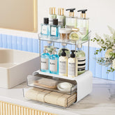 Delamu bathroom counter organizer with two drawers and two-tier storage.