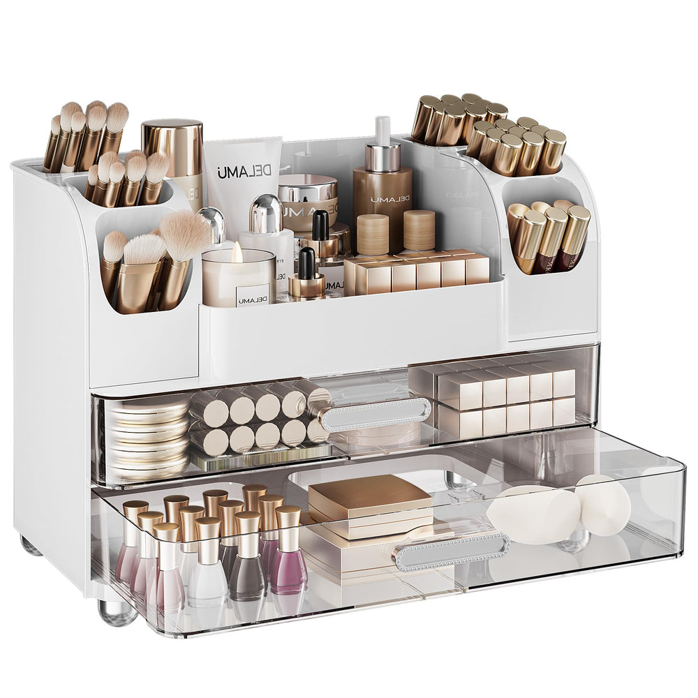 Delamu makeup organizer top view shows curved brush slots for tidy access.