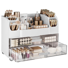 Delamu makeup organizer top view shows curved brush slots for tidy access.