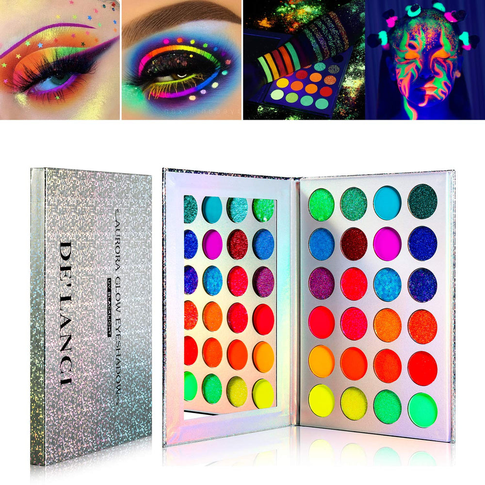 DE'LANCI Aurora Glow palette open with mirror for bold stage makeup