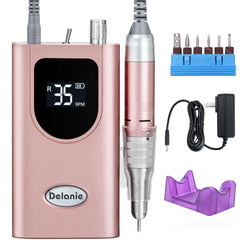 Delanie nail drill in rose gold shows high torque for quick shaping.