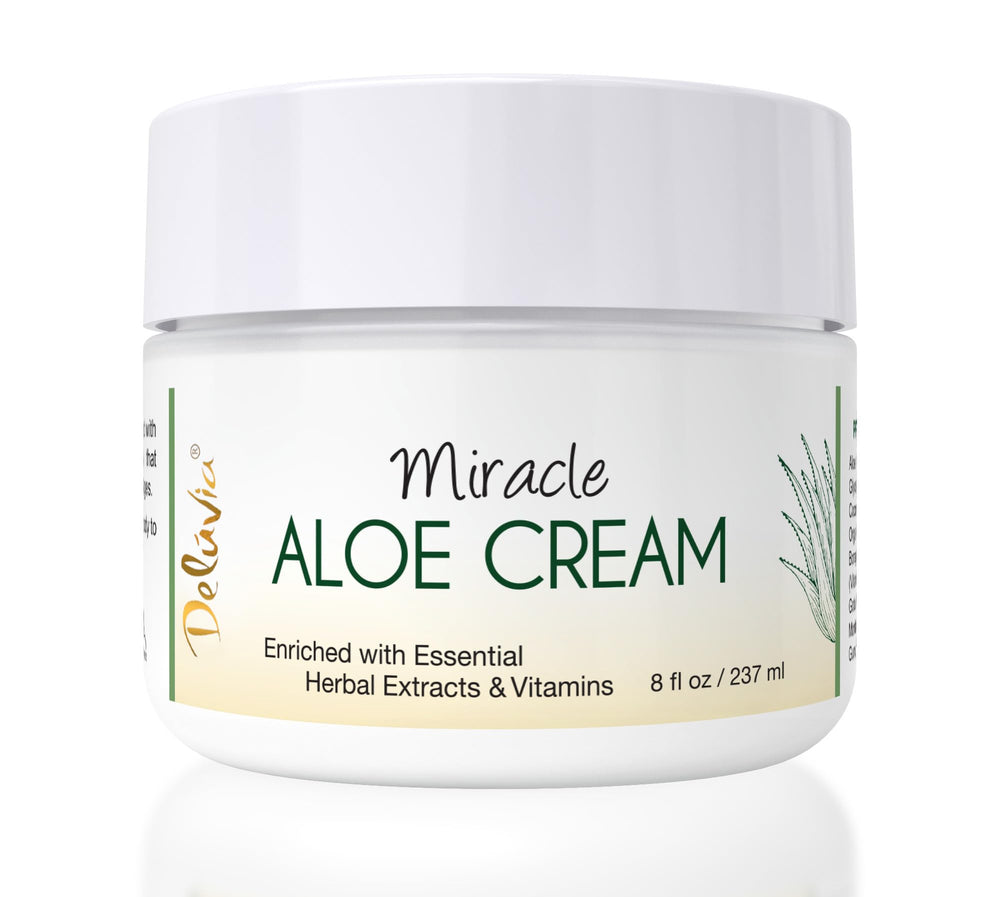 Delúvia Miracle Aloe Cream face closeup shows hydrating, soothing daily moisturizer.