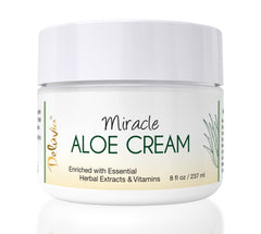 Delúvia Miracle Aloe Cream face closeup shows hydrating, soothing daily moisturizer.