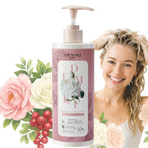 DEMIKI shampoo bottle rose-scent closeup highlights a premium fragrance for daily ritual.