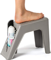 Demi's Home shower foot rest gray side view shows compact footprint for small showers