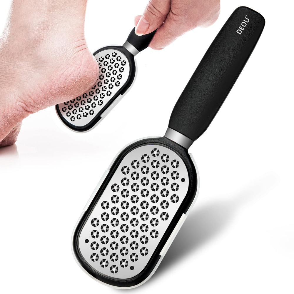 DEOU metal foot file with a comfortable grip for precise exfoliation.