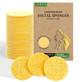 Derloyo 100-count compressed facial sponges in yellow packaging for eco-friendly cleansing.