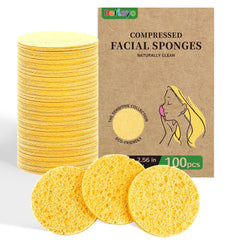 Derloyo 100-count compressed facial sponges in yellow packaging for eco-friendly cleansing.