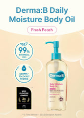 Derma B Daily Moisture Body Oil bottle close-up highlights natural oil blend for daily nourishment.