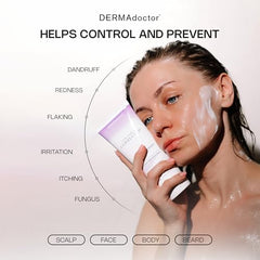 DERMAdoctor face wash pump demonstrates daily use for scalp and facial care