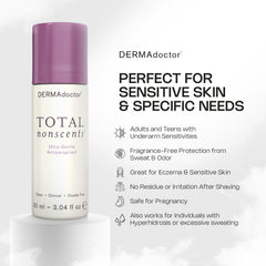 DERMAdoctor unscented antiperspirant packaging communicates fragrance-free, all-day odor and sweat control.