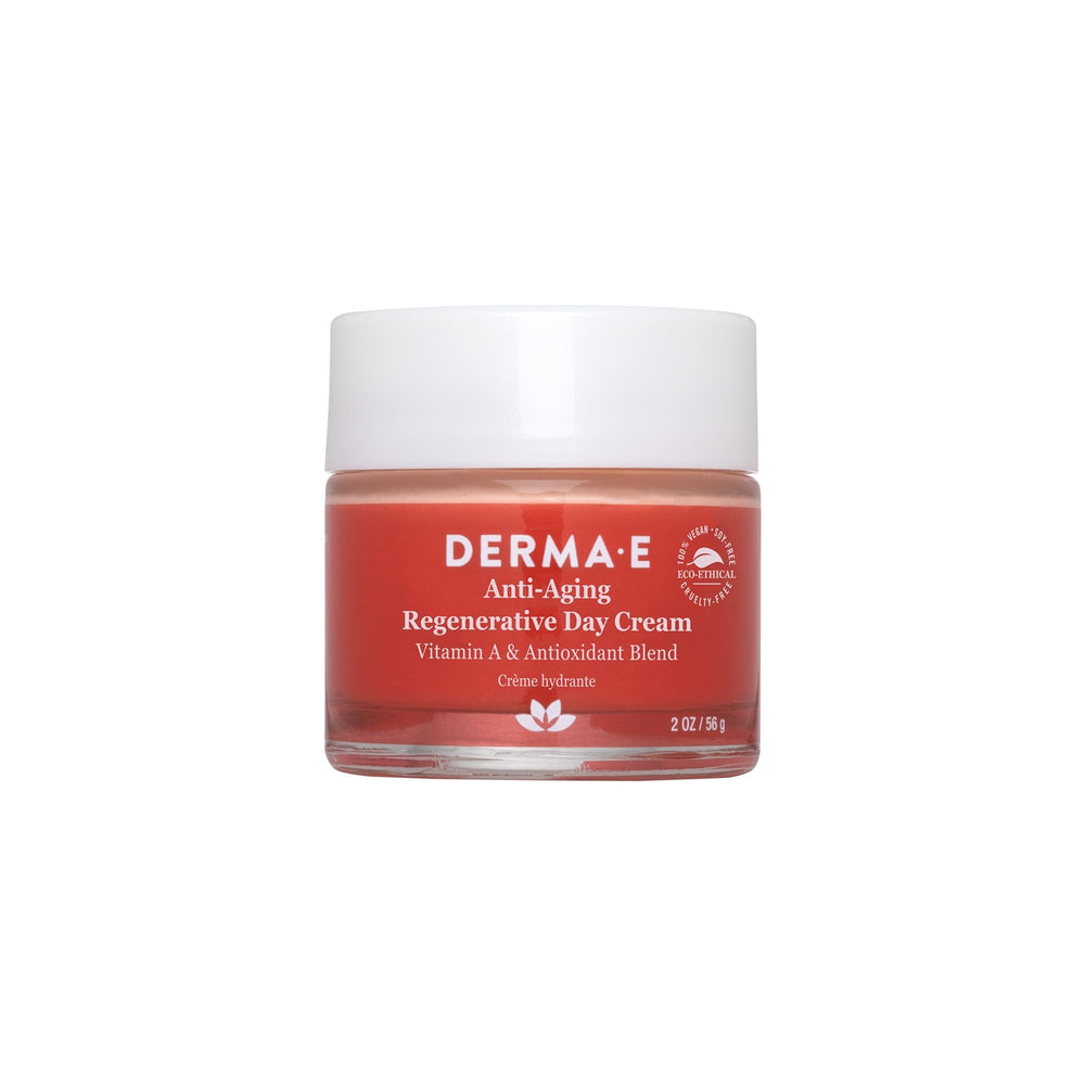 Derma E Anti-Aging Day Cream jar closeup showcasing rich moisture for radiant skin.