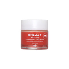 Derma E Anti-Aging Day Cream jar closeup showcasing rich moisture for radiant skin.