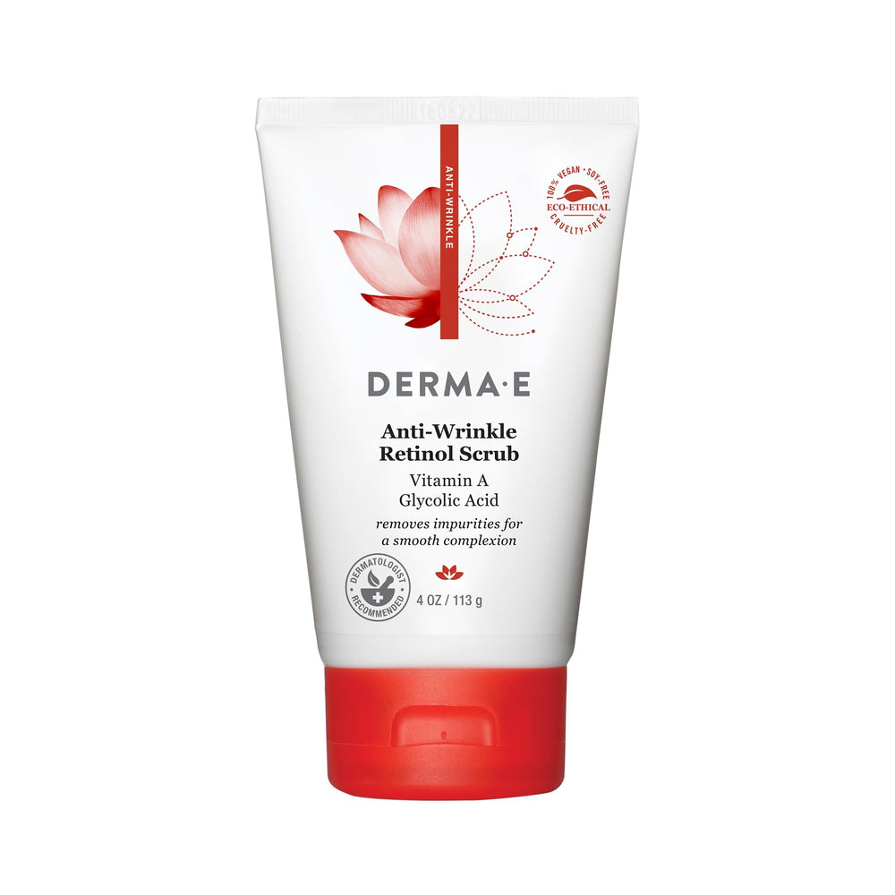 Derma E Anti-Wrinkle Scrub bottle front for exfoliation and brightening.