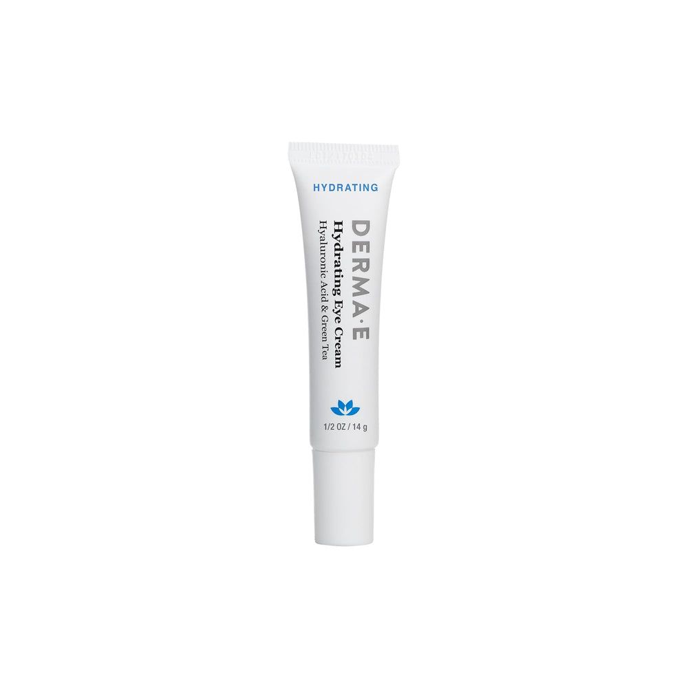 Derma E Hydrating Eye Cream tube close-up highlighting creamy, hydrating formula for delicate eye skin