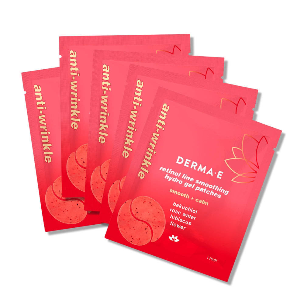 DERMA E under-eye patches packaging front shows non-irritating anti-wrinkle care.