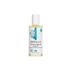 Derma E Vitamin E Skin Oil bottle closeup shows hydration for dry skin.
