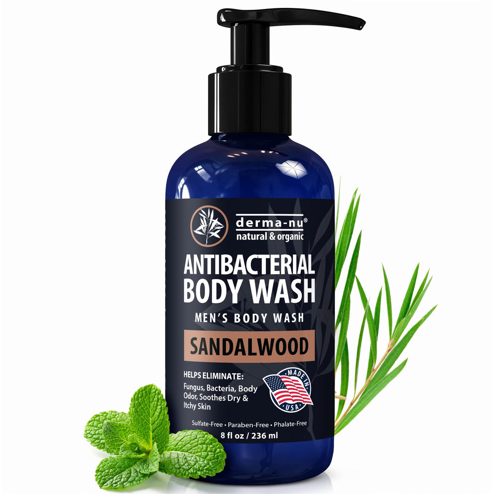 Derma-Nu Men's Body Wash sandalwood bottle pour delivers bold scent and daily refresh.