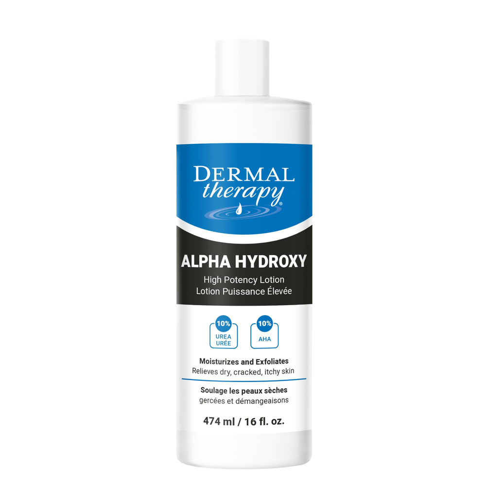 Dermal Therapy Alpha Hydroxy Lotion bottle pour shows fragrance-free hydration for dry skin.
