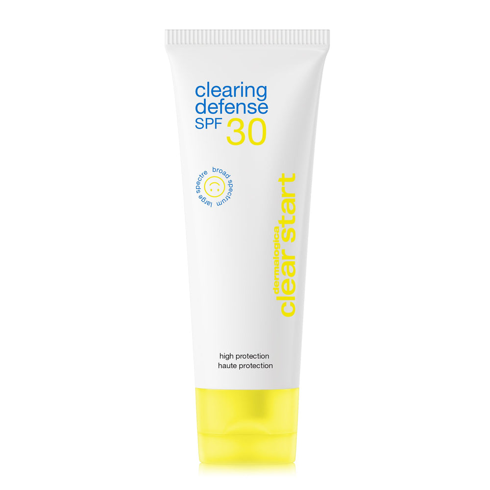Dermalogica Clear Start Clearing Defense SPF30 bottle shows lightweight matte protection for breakout-prone skin.