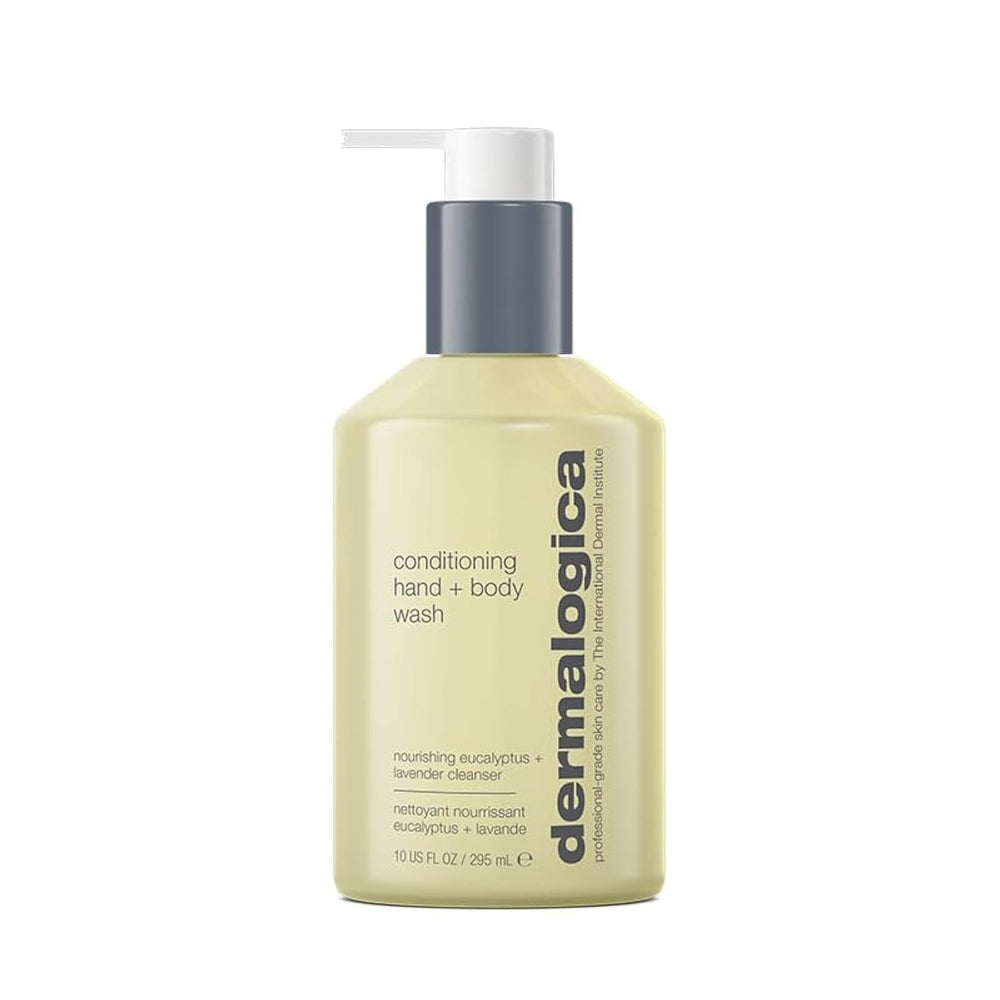 Dermalogica Conditioning Hand and Body Wash bottle shows spa-like cleansing with tea tree and eucalyptus.