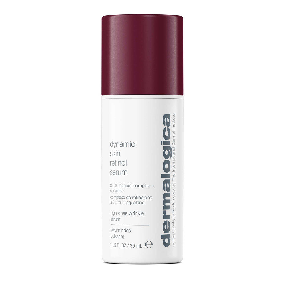 Dermalogica Dynamic Skin Retinol Serum bottle closeup, smooth appearance implied