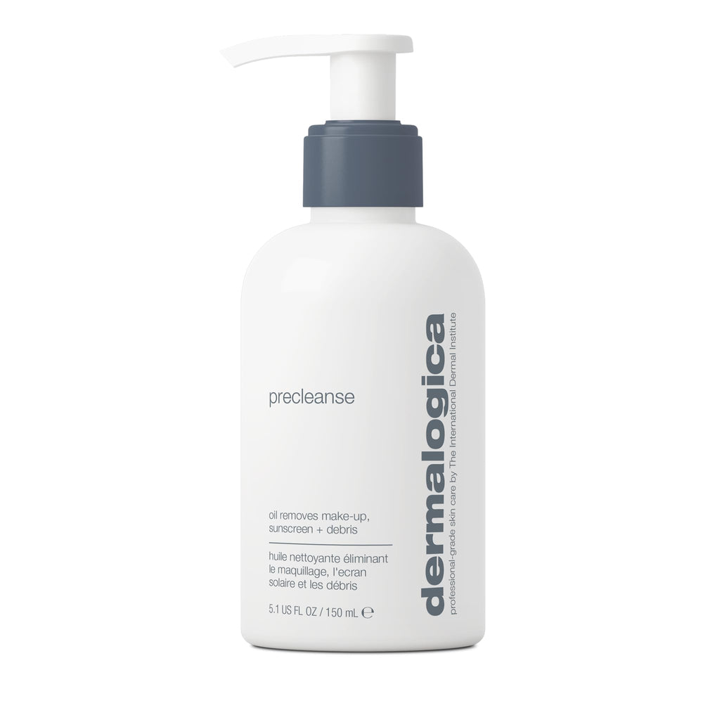 Dermalogica PreCleanse bottle pour illustrating oil-based cleansing for makeup and sunscreen removal.