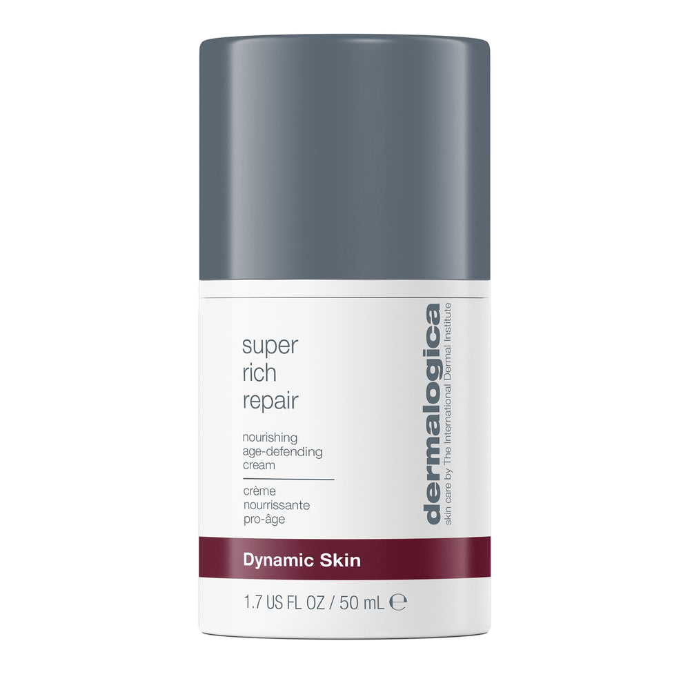 Dermalogica Super Rich Repair jar close-up showing rich moisturizer for dry skin relief.