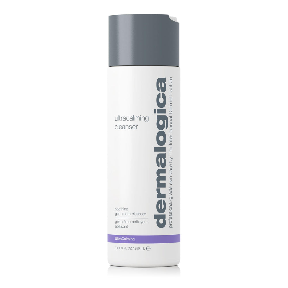 Dermalogica Ultracalming Cleanser bottle pour shows gentle cleansing for sensitive skin during daily routine