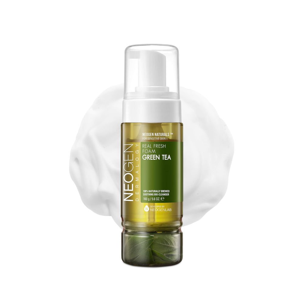 dermalogy neogen real fresh foam green tea bottle demonstrates gentle cleansing and hydrating skin care