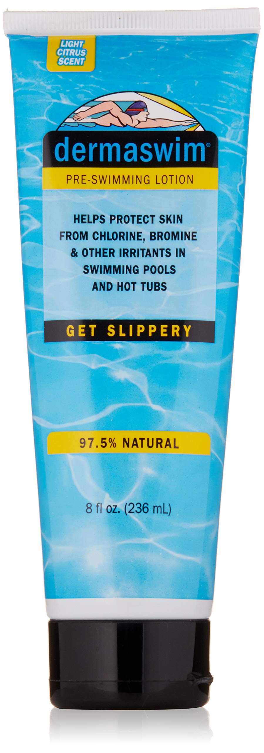 DermaSwim pre-swim lotion bottle ready for application before swimming to protect skin