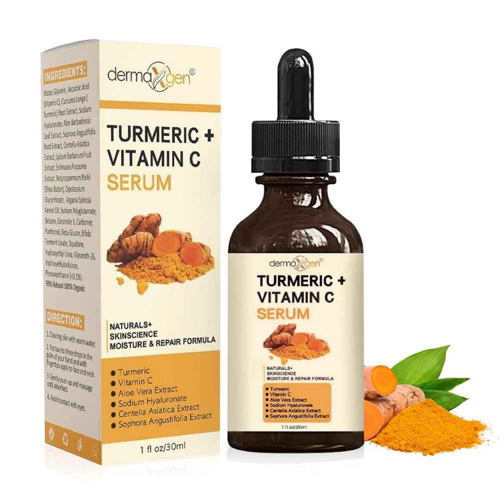DERMAXGEN Turmeric + Vitamin C Serum bottle promotes radiant, hydrated skin