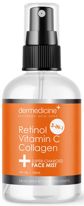 Dermedicine 3in1 face mist bottle promotes hydration for a glowing complexion.